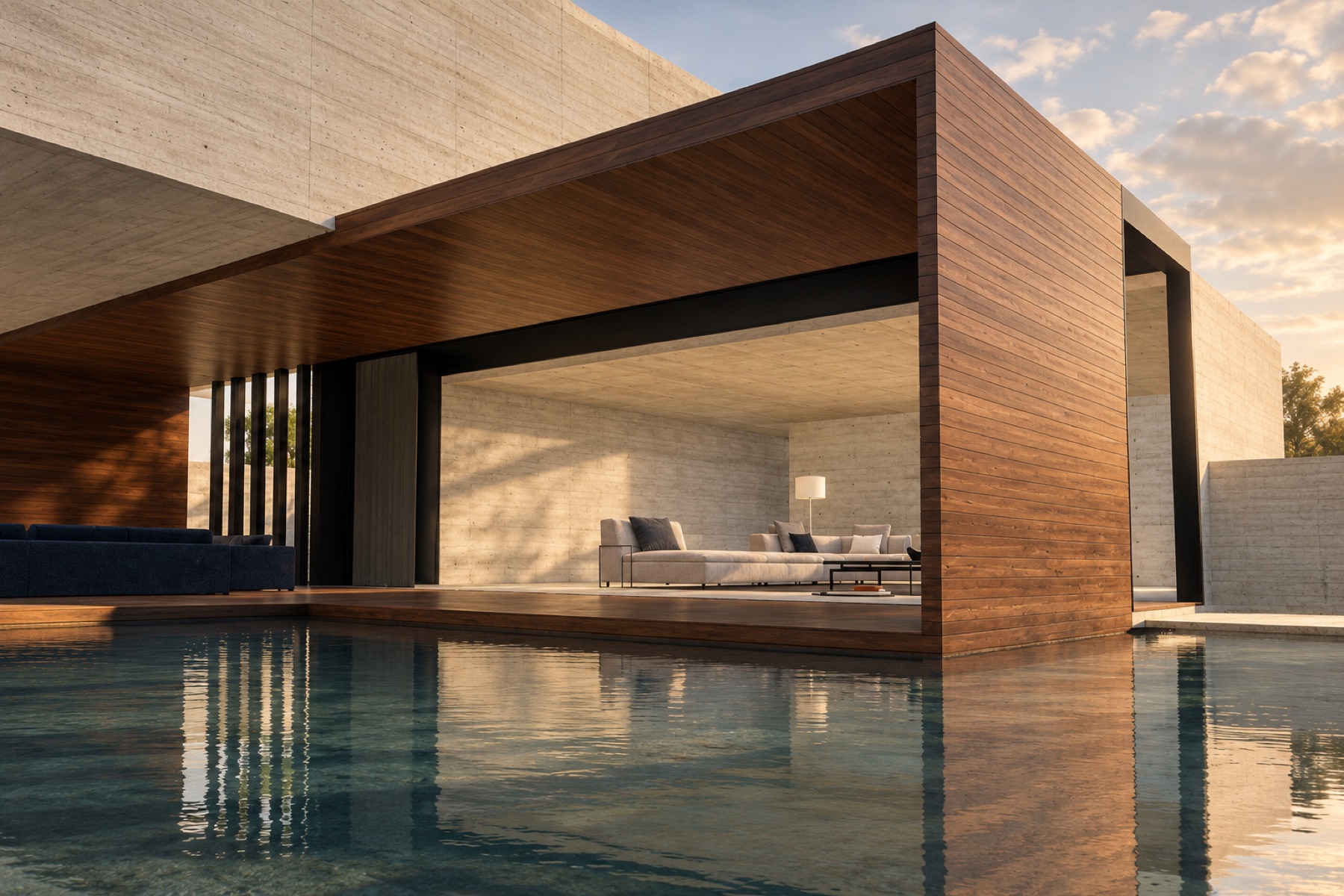 Pabellón de madera sobre la piscina al atardecer