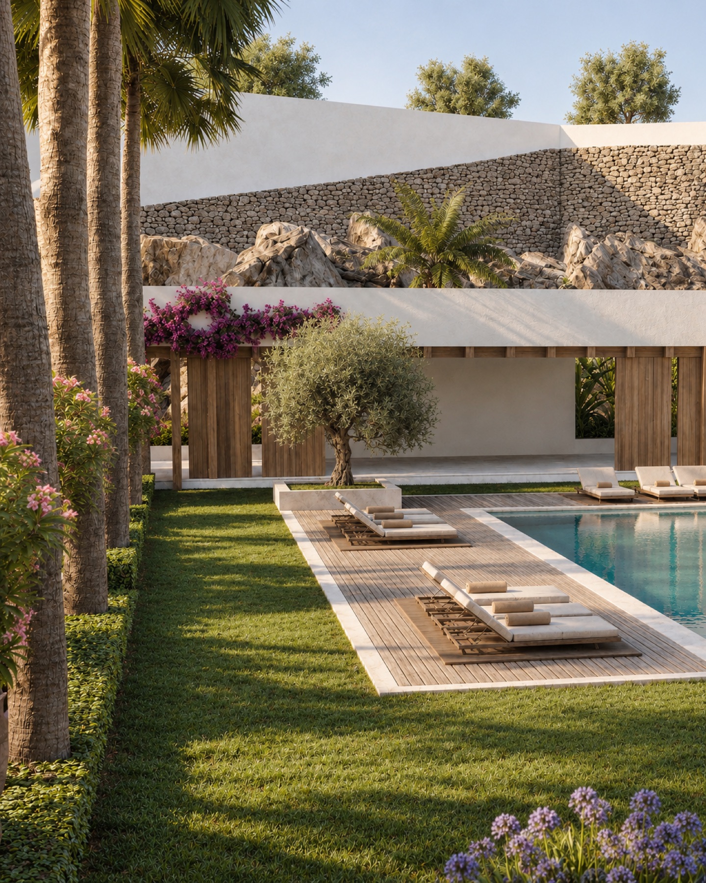 Jardín con piscina, olivo y muro de piedra